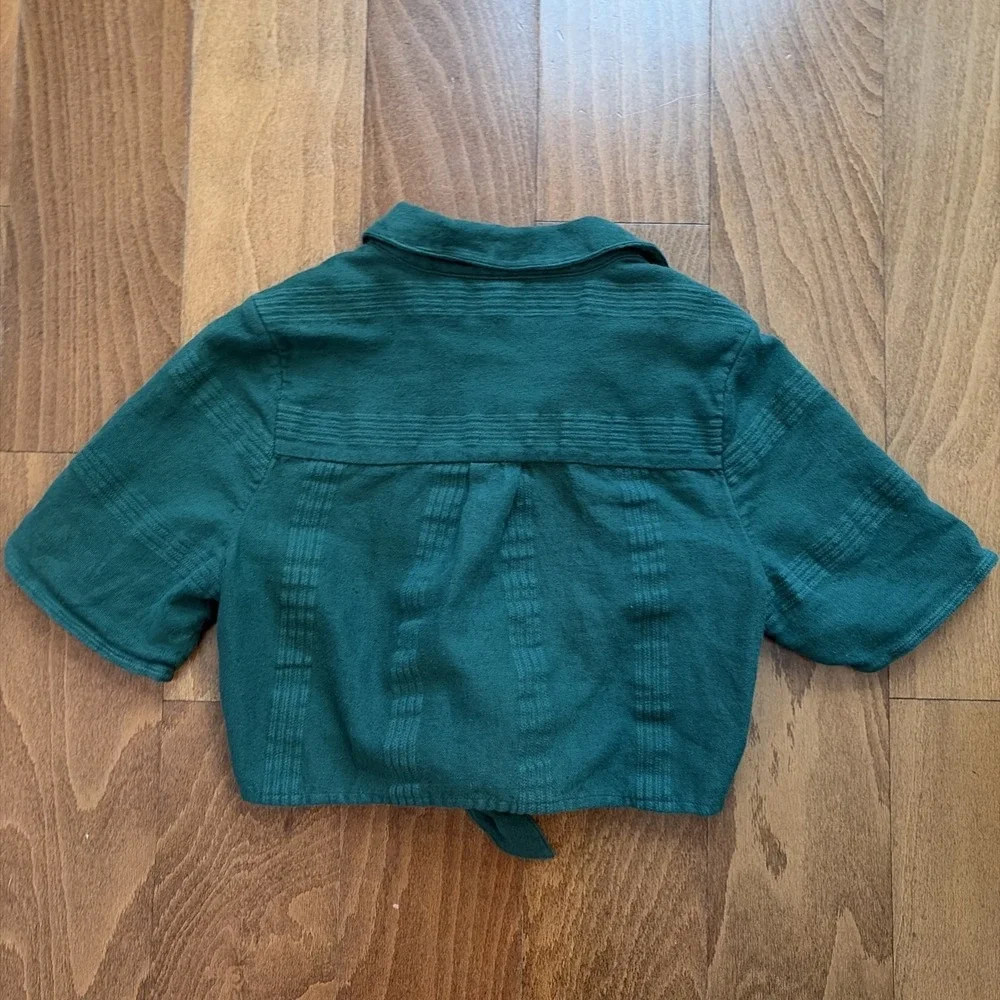 Free People Anthropologie Linen Blend Tie Front Crop Top Size Small Hunter Green
